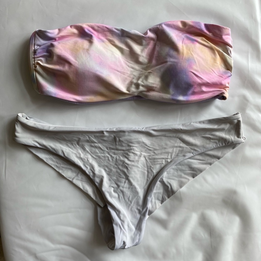 H&M Pastel Tie-Dye Bandeau Bikini Set in Pink, Purple, Yellow
